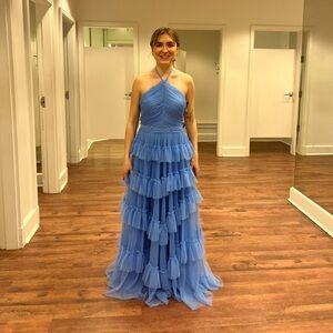 Blue Tiered Ruffled Halter Maxi Dress